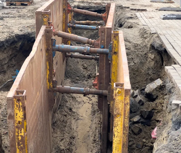Hydraulic shoring and steel trench panels stabilizing deep excavation trench
